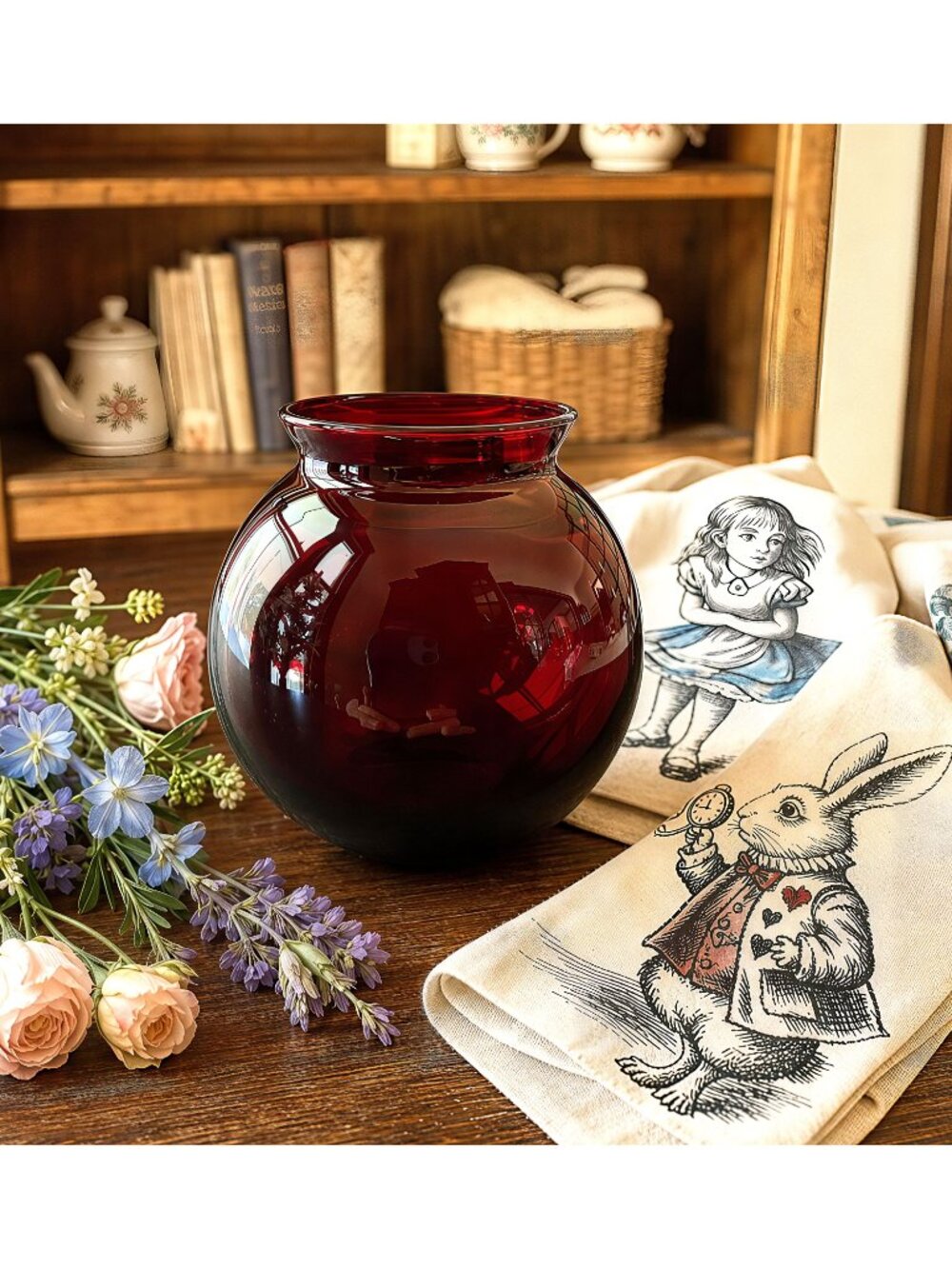Ruby Red Glass Round Vase Rose Bowl 4"